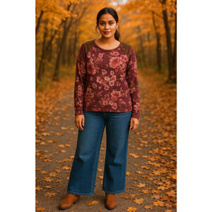Women's Dark Floral Velvet Blouse XL Long Sleeve Romantic Boho Festival